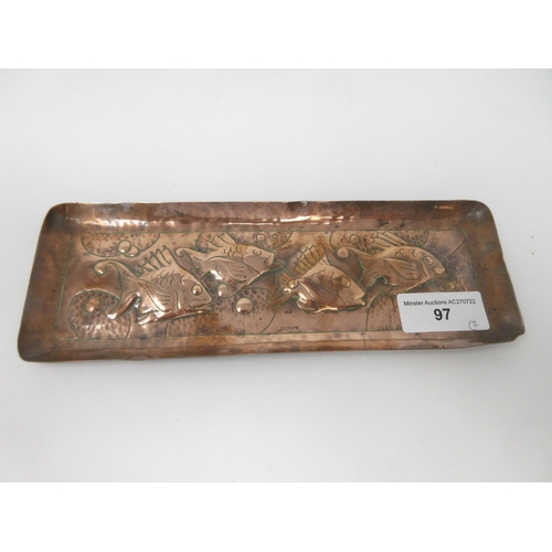 97 - A Newlyn copper Pen Tray embossed fish, 9½ in, marked NEWLYN, and a Jugendstil plated Jug