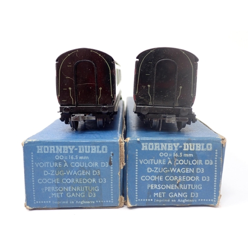 1014 - Two Hornby-Dublo D3 LMS Corridor Coaches, near mint with 4/51 boxes. LMS 1/3rd and brake/3rd, both w... 