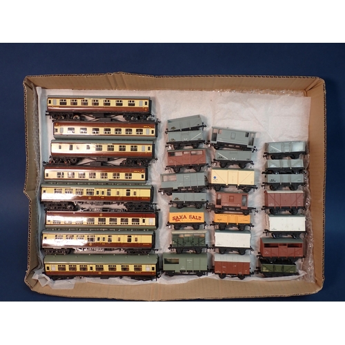 1087 - Thirty unboxed Hornby-Dublo 2-rail Coaches and Wagons (two GWR wagons converted to 2-rail). Generall... 