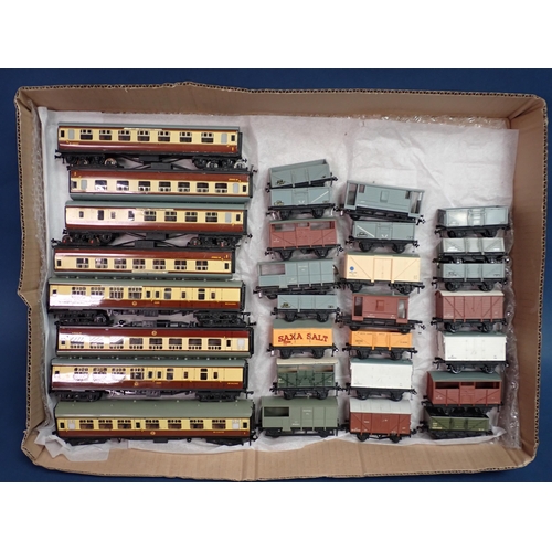 1087 - Thirty unboxed Hornby-Dublo 2-rail Coaches and Wagons (two GWR wagons converted to 2-rail). Generall... 