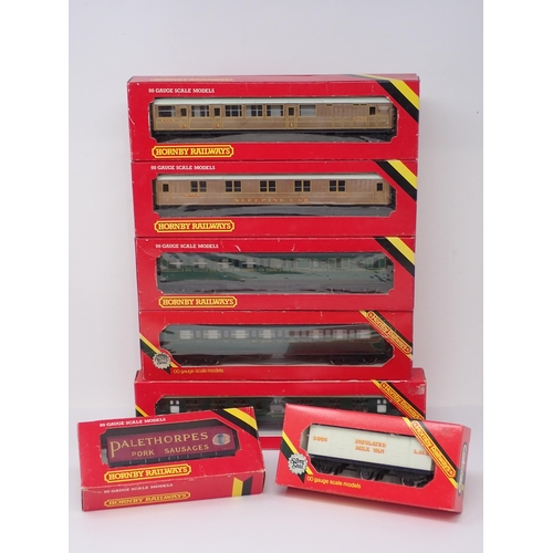 1096 - A boxed Hornby 00 gauge R.431 S.R. Coach, R.432 S.R. Brake Coach, R.436 LNER Brake Coach, R.448 LNER... 