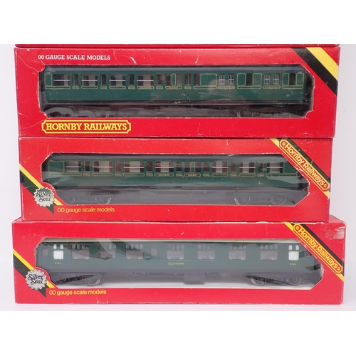 1096 - A boxed Hornby 00 gauge R.431 S.R. Coach, R.432 S.R. Brake Coach, R.436 LNER Brake Coach, R.448 LNER... 