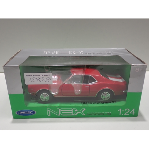 1290 - Three boxed Nex Models by Welly 1:24 Models including Chevrolet Camaro, Oldsmobile and Mercedes-Benz... 