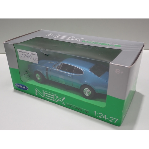 1290 - Three boxed Nex Models by Welly 1:24 Models including Chevrolet Camaro, Oldsmobile and Mercedes-Benz... 