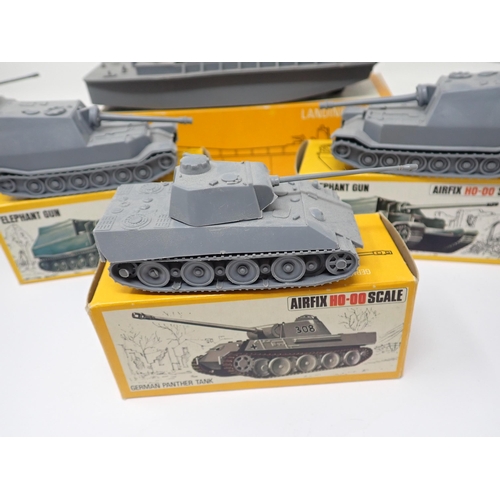 1310 - Six boxed Airfix H0-00 Scale ready to paint Military Vehicles including Landing Craft, two Panther T... 