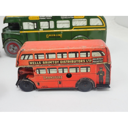 1384 - Two Brimtoy tinplate double decker Buses and two clockwork Buses