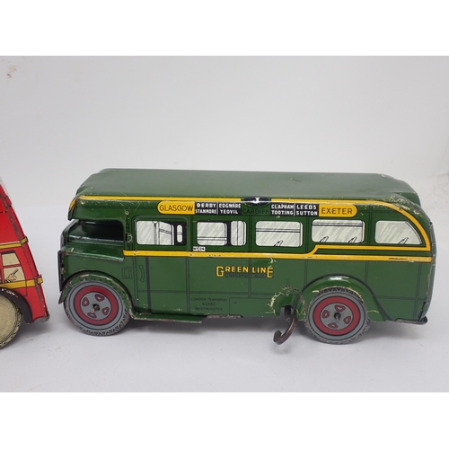 1384 - Two Brimtoy tinplate double decker Buses and two clockwork Buses