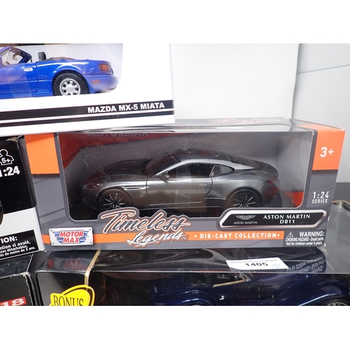 1405 - A boxed Maisto 1/18 scale Premiere Edition Morgan Aero and Aston Martin DB7 Vantage, a boxed Mazda M... 