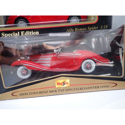 1406 - A boxed Maisto 1:18 scale Special Edition Alfa Romeo Spider, a boxed Maisto Premiere Edition Mercede... 