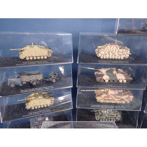 1437 - Thirty Perspex boxed WW11 Tank and Military Vehicle Models and two Atlas Editions Tanks