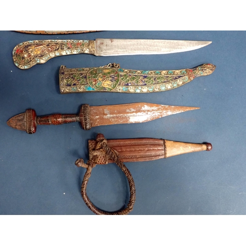 1535 - WITHDRAWN-Five Eastern Daggers, a Japanese Tanto in bone scabbard and two Sheath Knives