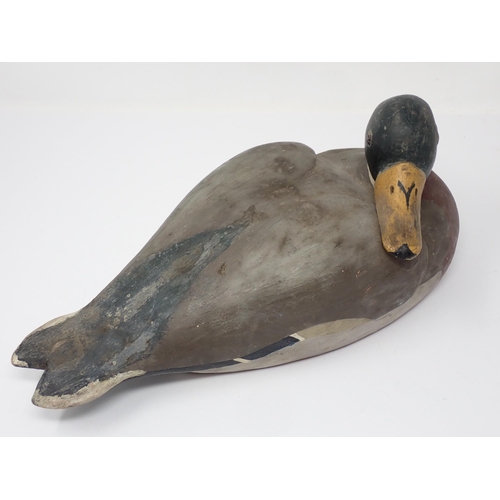 1562 - A vintage carved and painted Mallard drake Decoy with tethering lead eyelet 12 1/2in L