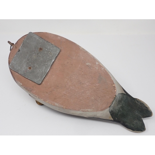 1562 - A vintage carved and painted Mallard drake Decoy with tethering lead eyelet 12 1/2in L