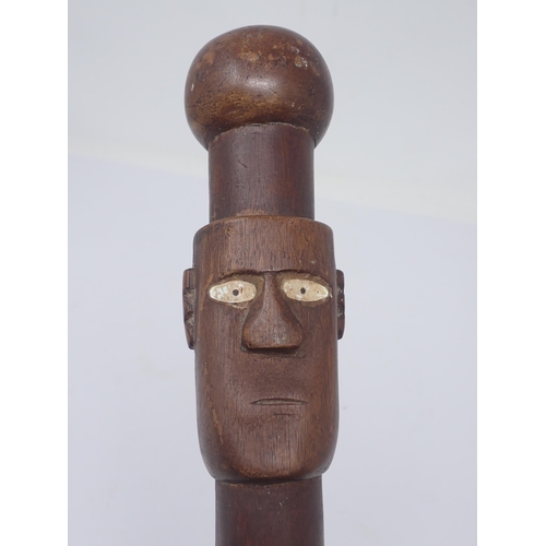 1486 - A Papua New Guinea P.N.G. Staff with carved head handle above crocodile and snake 2ft 10in L