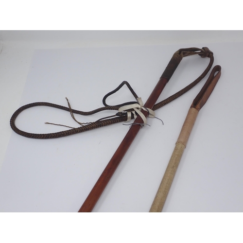 1628 - A Malacca antler handled Hunting Whip with braided leather thong and another Hunting Whip with braid... 