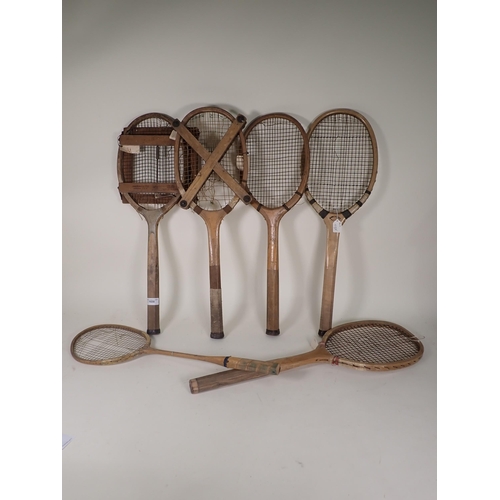 1658 - A Cochet Sports, Paris Tennis Racket with Wisdan Fenax Press, a W.A. Woof Tennis Racket with Press, ... 