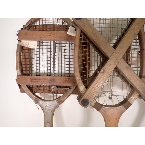 1658 - A Cochet Sports, Paris Tennis Racket with Wisdan Fenax Press, a W.A. Woof Tennis Racket with Press, ... 