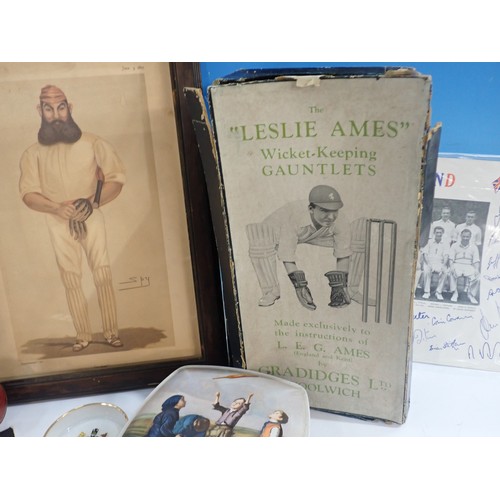 1665 - A boxed pair of 'Leslie Ames' Wicket Keeping Gauntlets, a Wisden Cricket Ball, Huntley & Palmers Cri... 