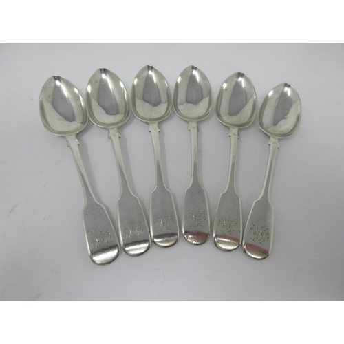 108 - Six Victorian silver Teaspoons, fiddle pattern engraved initials, Exeter 1838, maker: John Stone