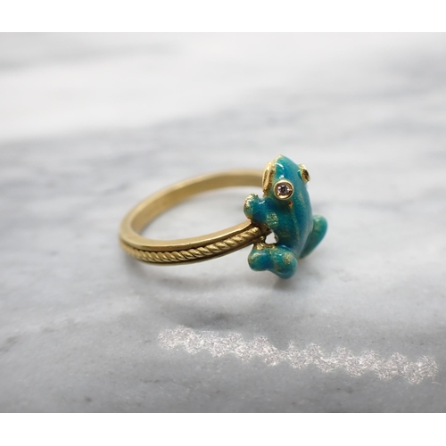 159 - ******WITHDRAWN******

An 18ct gold Frog Ring, the green enamel frog with brilliant-cut diamonds set... 