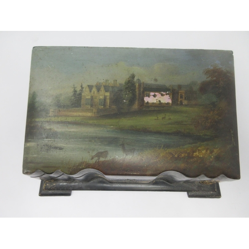 18 - A 19th Century papier mache Stationery Box with interior divisions, the sloping lid painted 'Charlec... 