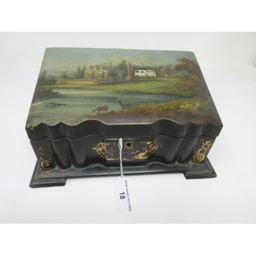 18 - A 19th Century papier mache Stationery Box with interior divisions, the sloping lid painted 'Charlec... 