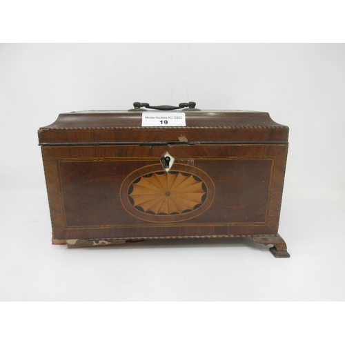 19 - A Georgian mahogany Tea Caddy of sarcophagus shape with satinwood medallion and fan inlay on ogee fe... 