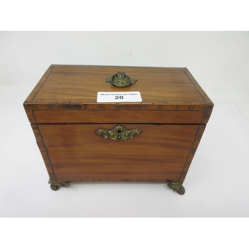 20 - A late Georgian mahogany Tea Caddy with cross-banding and stringing, embossed brass escutcheon, hand... 