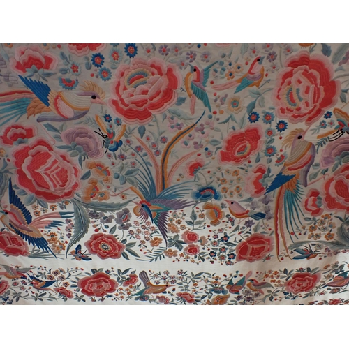 212 - A large Chinese silk Shawl embroidered both sides alike with long fringe, approx 5ft x 5ft excluding... 