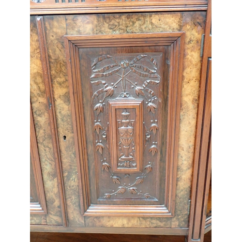 232 - A Victorian burr walnut mirror back Sideboard with fret pierced galleried shelves and fitted four ca... 