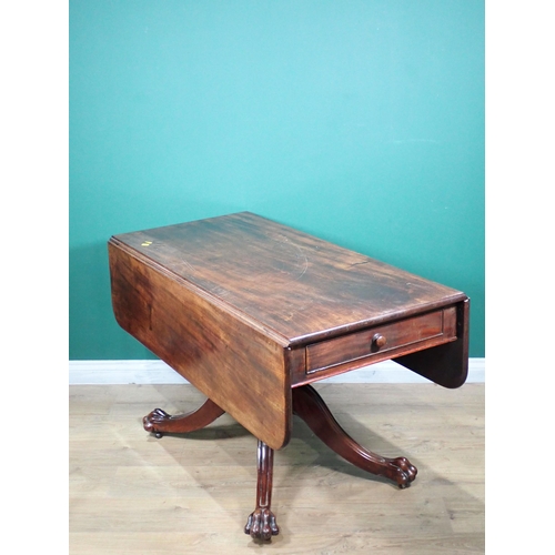 247 - A 19th Century mahogany Pembroke Table fitted one end drawer mounted on quadruple base with paw feet... 