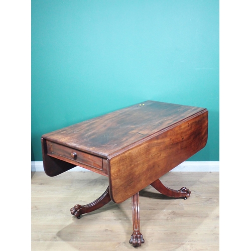 247 - A 19th Century mahogany Pembroke Table fitted one end drawer mounted on quadruple base with paw feet... 