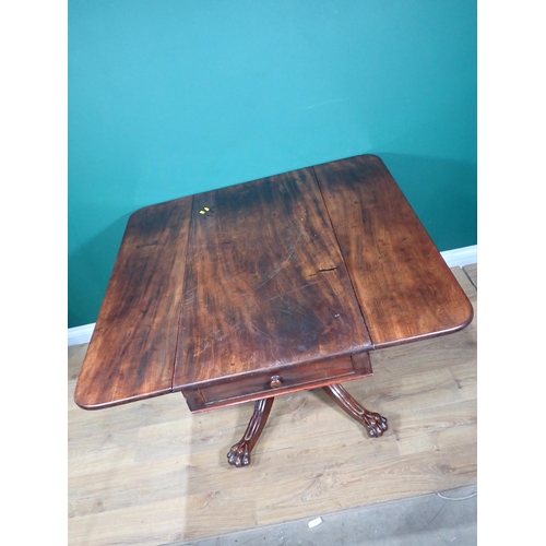 247 - A 19th Century mahogany Pembroke Table fitted one end drawer mounted on quadruple base with paw feet... 