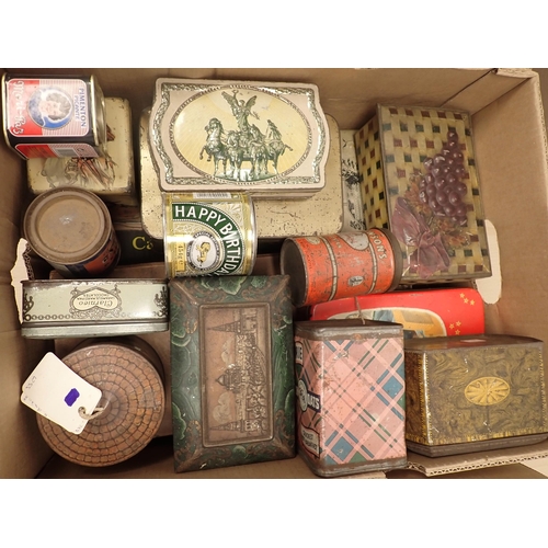 290 - Two boxes of collectible antique tins including Cadburys, McVitie, etc