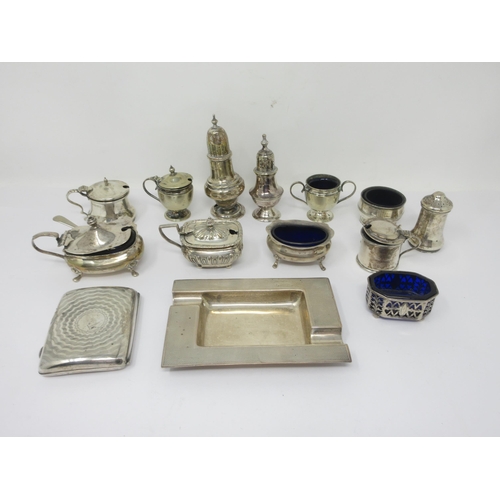 32 - Sundry silver and plated Condiments, silver Ashtray and Cigarette Case