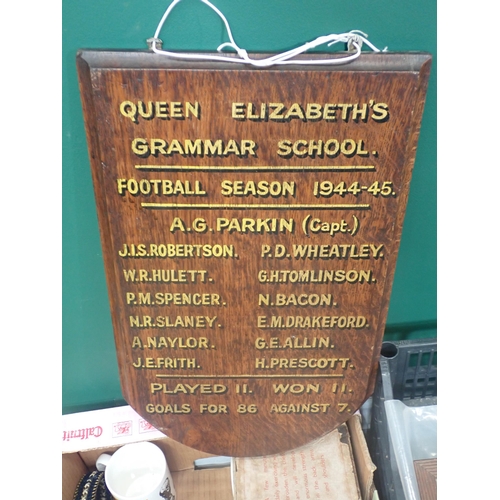 325 - Two boxes of Sporting Memorabilia including England Football, Queen Elizabeth Grammar School Team Bo... 