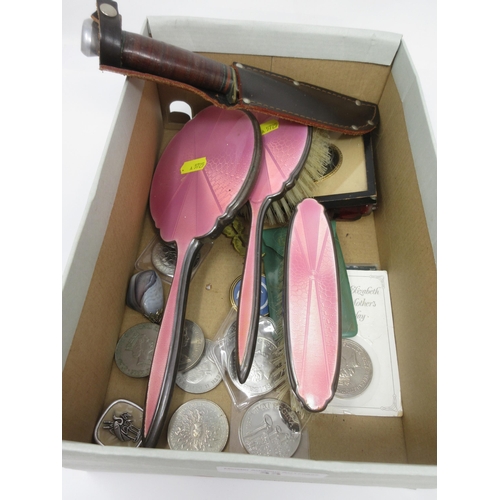 33 - A plated and pink enamel mounted Dressing Table Set, numerous Crowns, sundry Coins, Dagger, etc