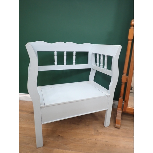 339 - A blue painted Window Bench 2ft 7in H x 2ft 5in W and a pine Dressing Mirror 5ft 6in H x 1ft 11in W