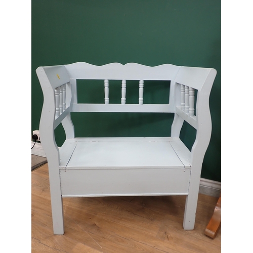 339 - A blue painted Window Bench 2ft 7in H x 2ft 5in W and a pine Dressing Mirror 5ft 6in H x 1ft 11in W