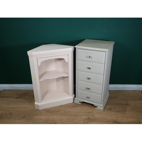 348 - A green painted Chest of five drawers and painted Corner Cupboard