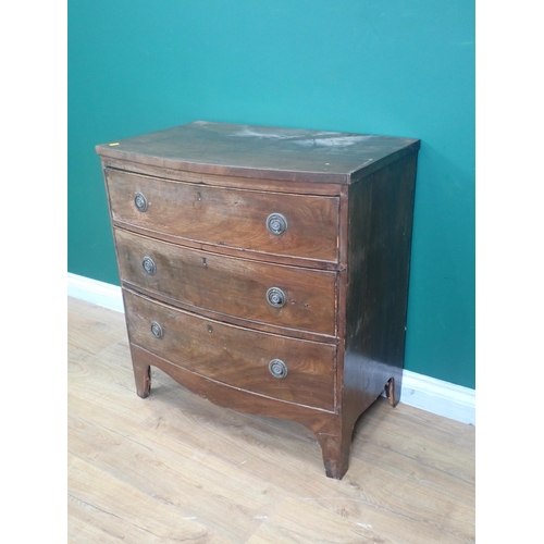 358 - A 19th Century mahogany bow fronted Chest of three drawers on splayed feet 2ft 7in H x 2ft 5in W