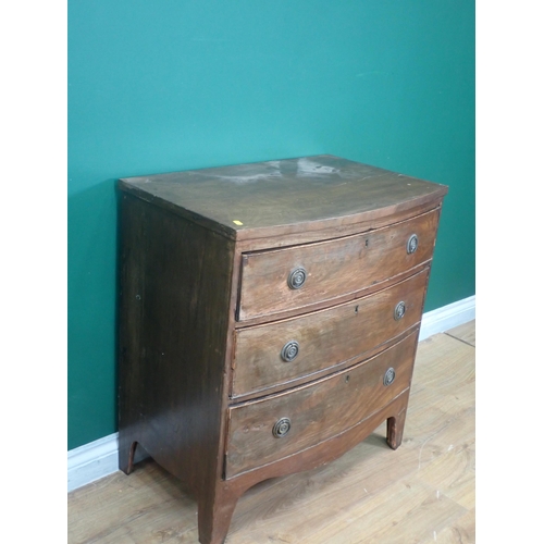 358 - A 19th Century mahogany bow fronted Chest of three drawers on splayed feet 2ft 7in H x 2ft 5in W