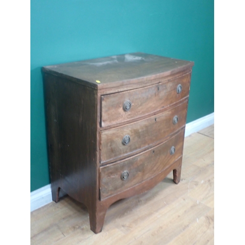 358 - A 19th Century mahogany bow fronted Chest of three drawers on splayed feet 2ft 7in H x 2ft 5in W