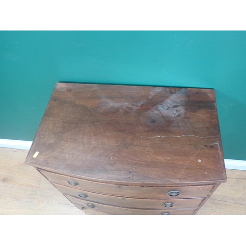 358 - A 19th Century mahogany bow fronted Chest of three drawers on splayed feet 2ft 7in H x 2ft 5in W