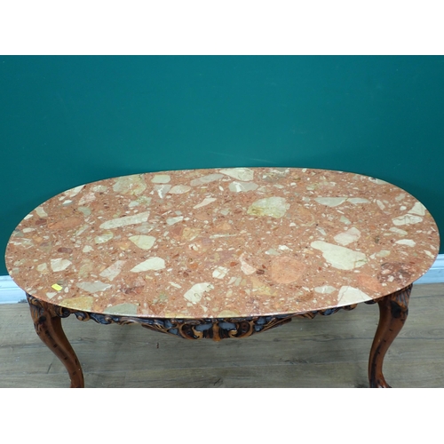 368 - A red polished stone topped oval Coffee Table on base with cabriole supports 3ft 2in W x 1ft 6in H