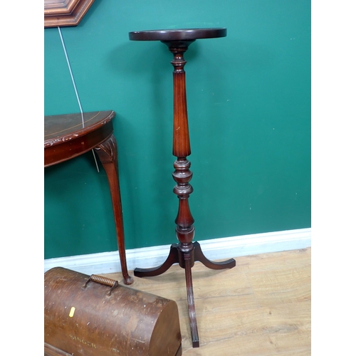 369 - A Singer Sewing Machine, mahogany demi-lune Table, Mirror, Stick Stand and mahogany Torchiere Stand