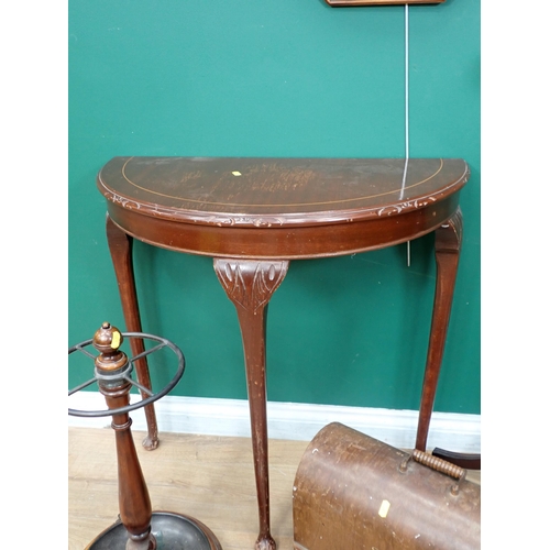 369 - A Singer Sewing Machine, mahogany demi-lune Table, Mirror, Stick Stand and mahogany Torchiere Stand