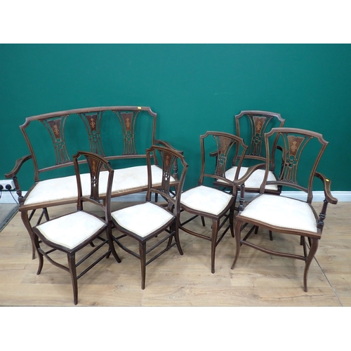 370 - An Edwardian mahogany and inlaid Salon suite of Settee, Elbow Chair and four single Chairs