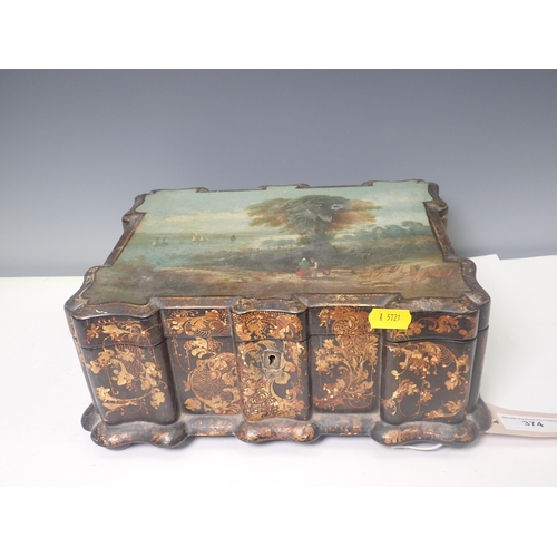 374 - A Georgian lacquered Sewing Box with painted coastal scene and gilt leafage design mounted on bun fe... 