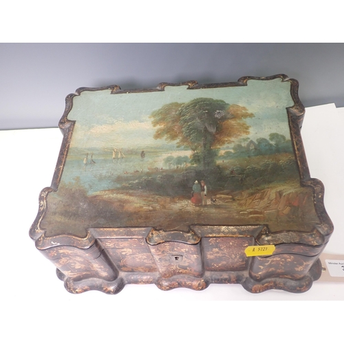 374 - A Georgian lacquered Sewing Box with painted coastal scene and gilt leafage design mounted on bun fe... 